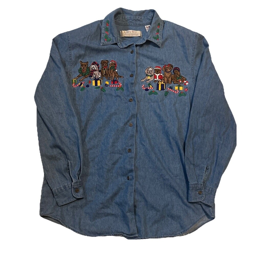 Christmas Denim Button-up Embroidered  Festive dog Shirt (M)  Karen Scott